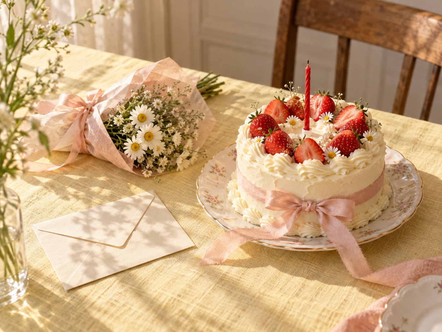草莓生日蛋糕、雏菊花束和一封信，AI生成示意场景